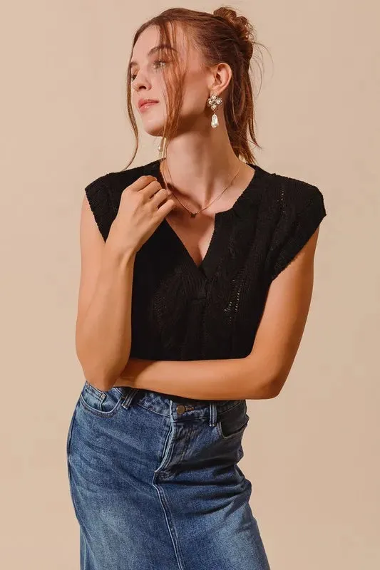 Black Cable Knit Notched Neck Sweater Vest