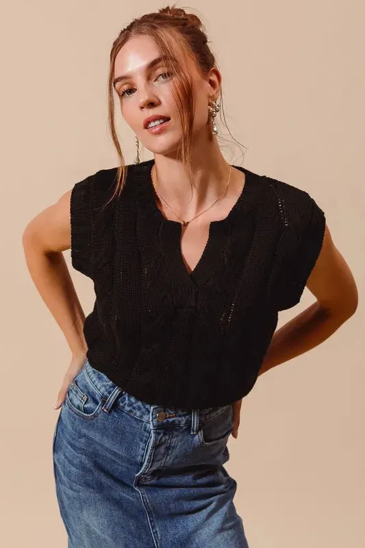 Black Cable Knit Notched Neck Sweater Vest