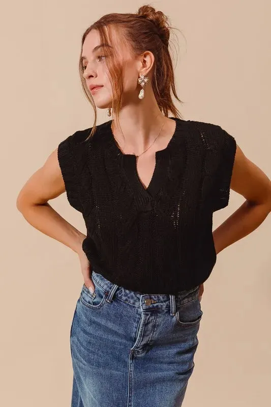 Black Cable Knit Notched Neck Sweater Vest
