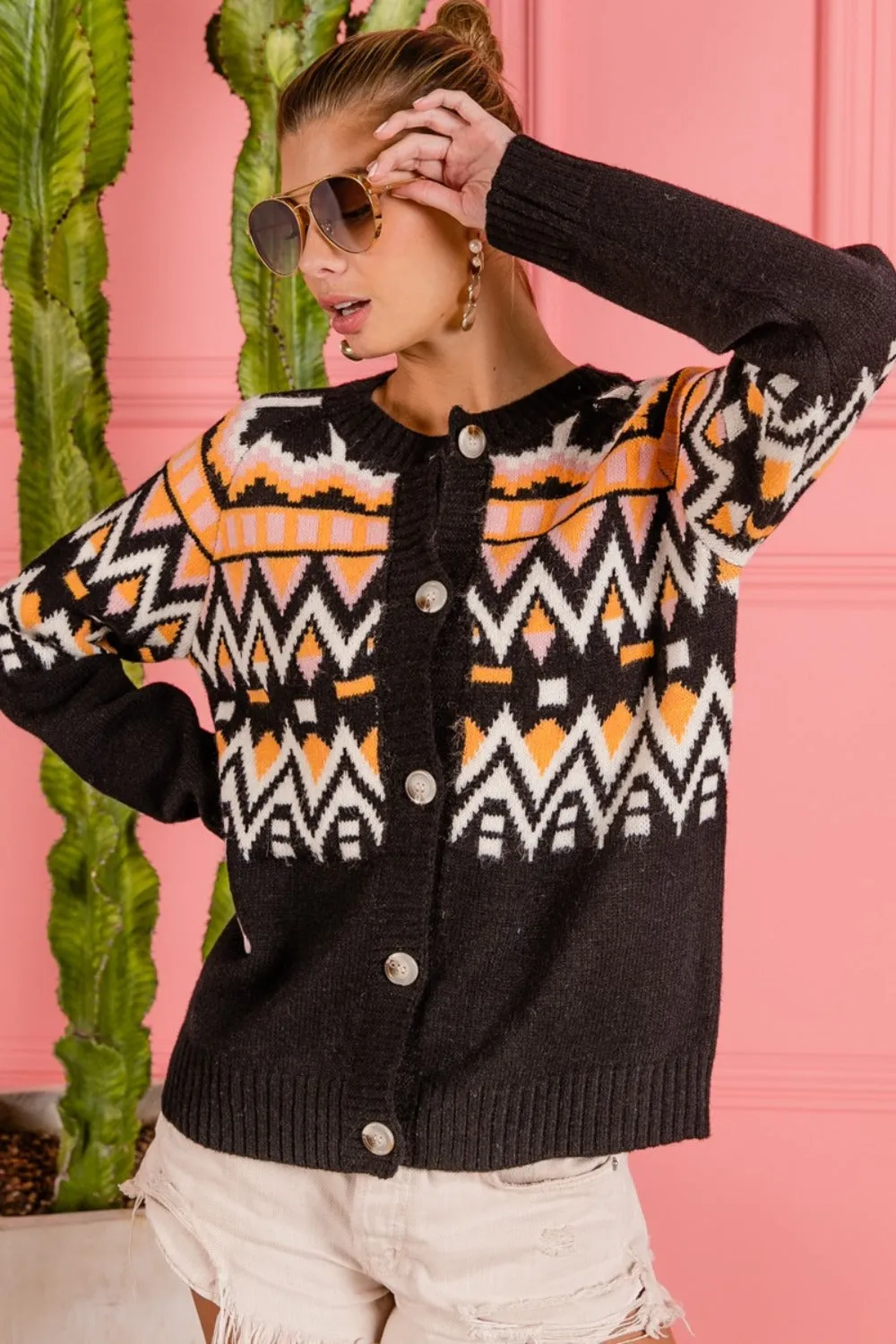 Black Geometric Knit Button-Up Cardigan