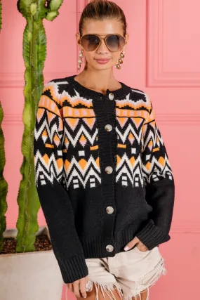 Black Geometric Knit Button-Up Cardigan