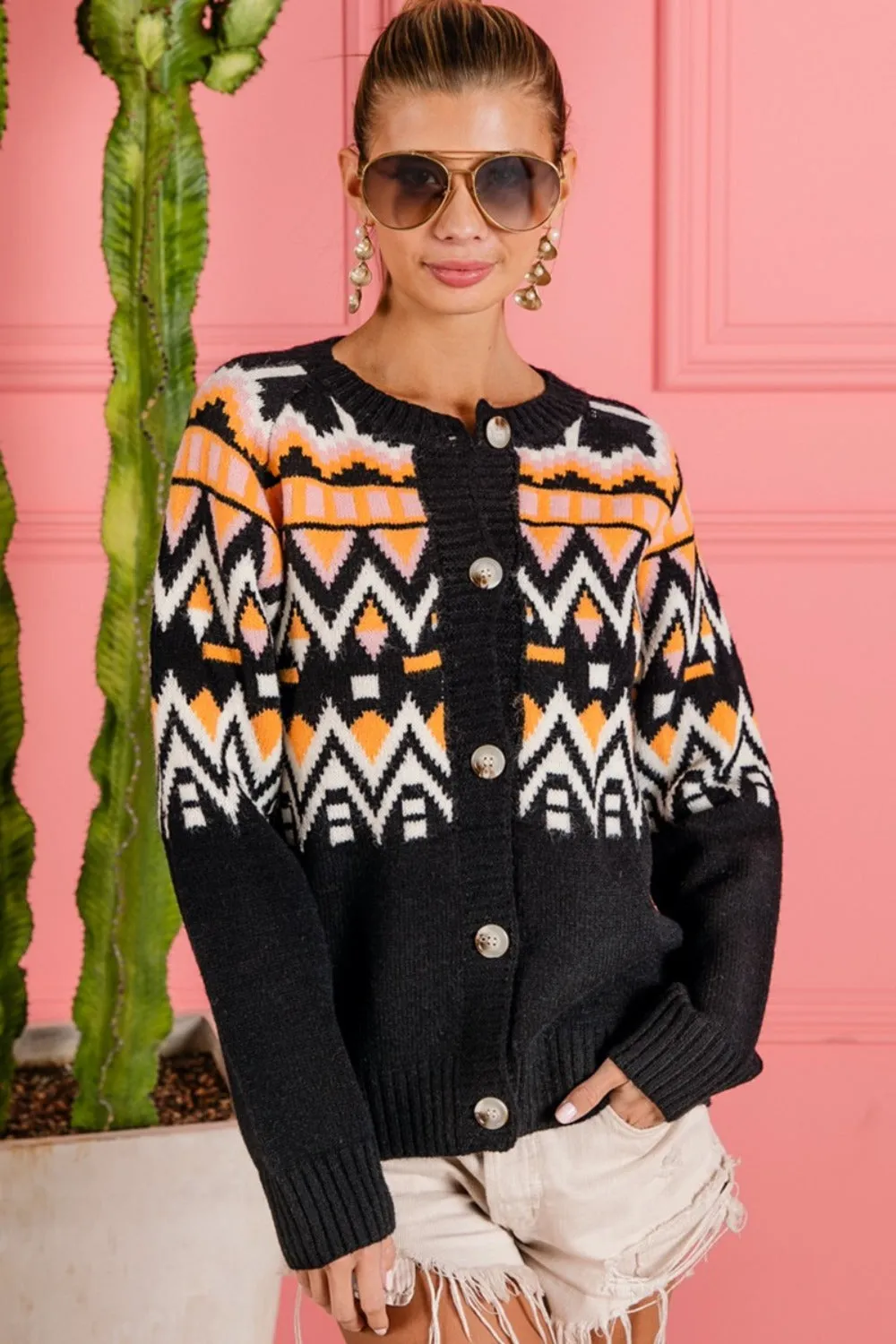 Black Geometric Knit Button-Up Cardigan