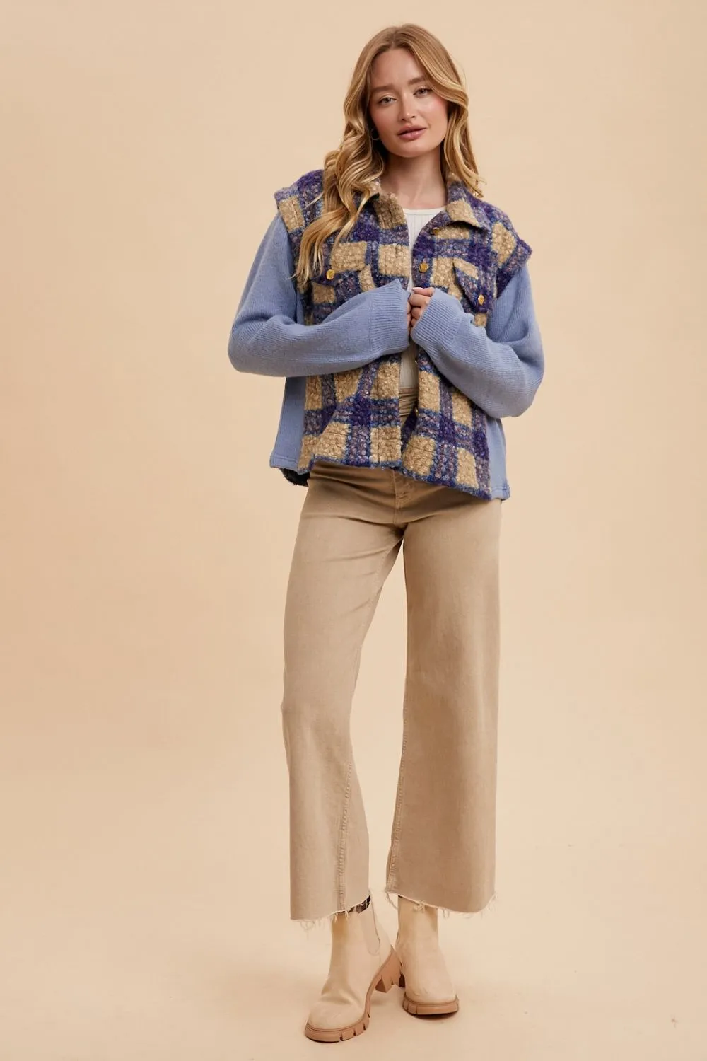 Blue Faux Fur Plaid Button-Up Jacket