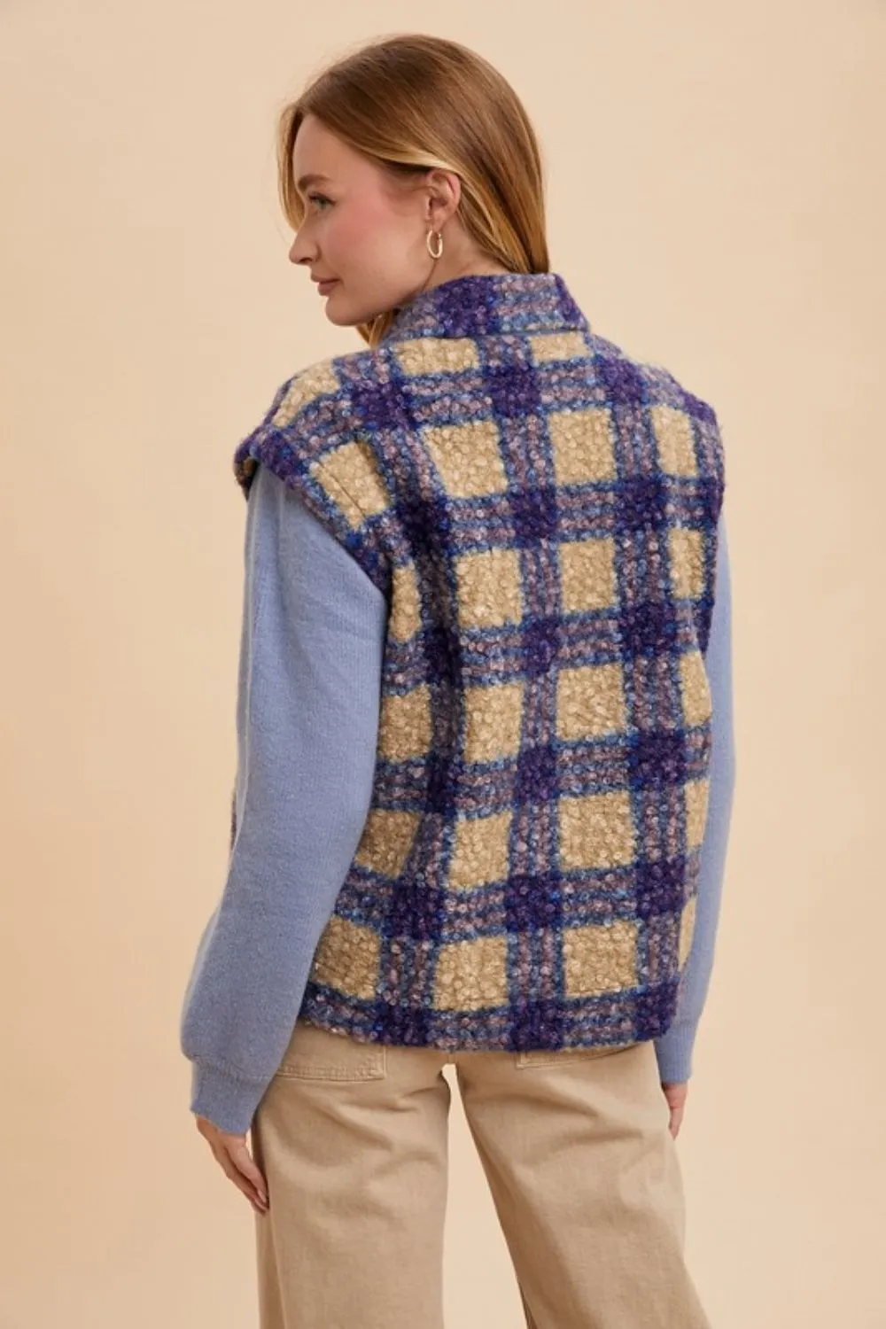 Blue Faux Fur Plaid Button-Up Jacket