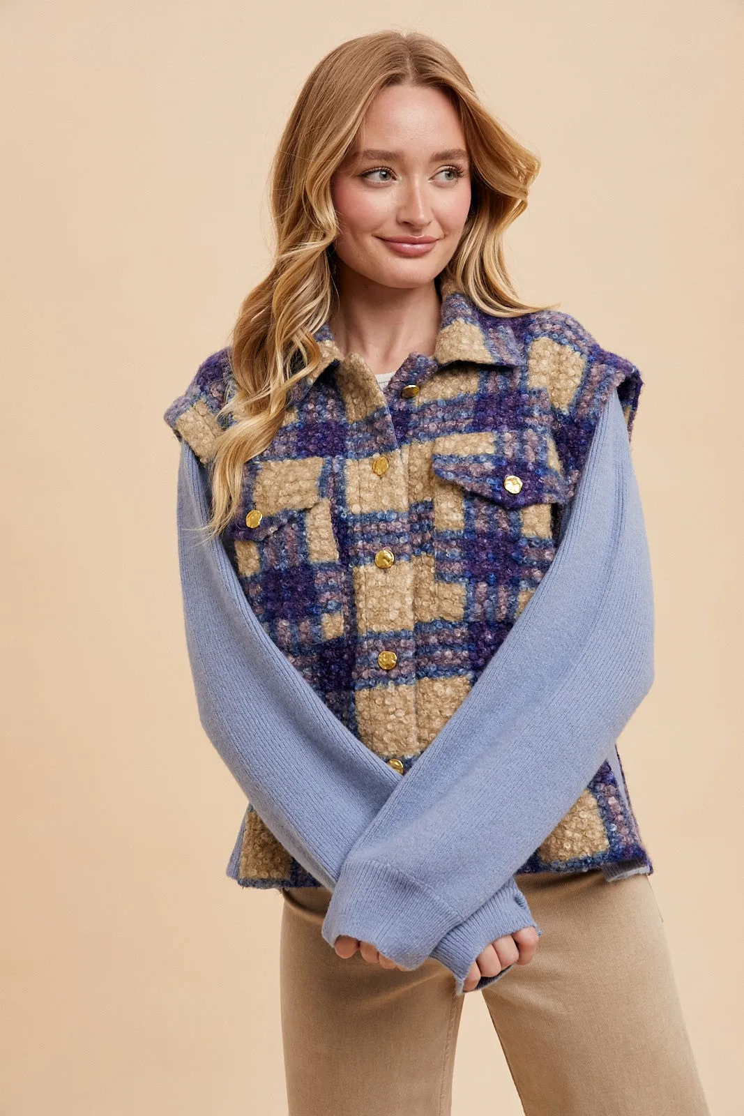 Blue Faux Fur Plaid Button-Up Jacket