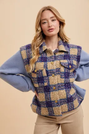 Blue Faux Fur Plaid Button-Up Jacket