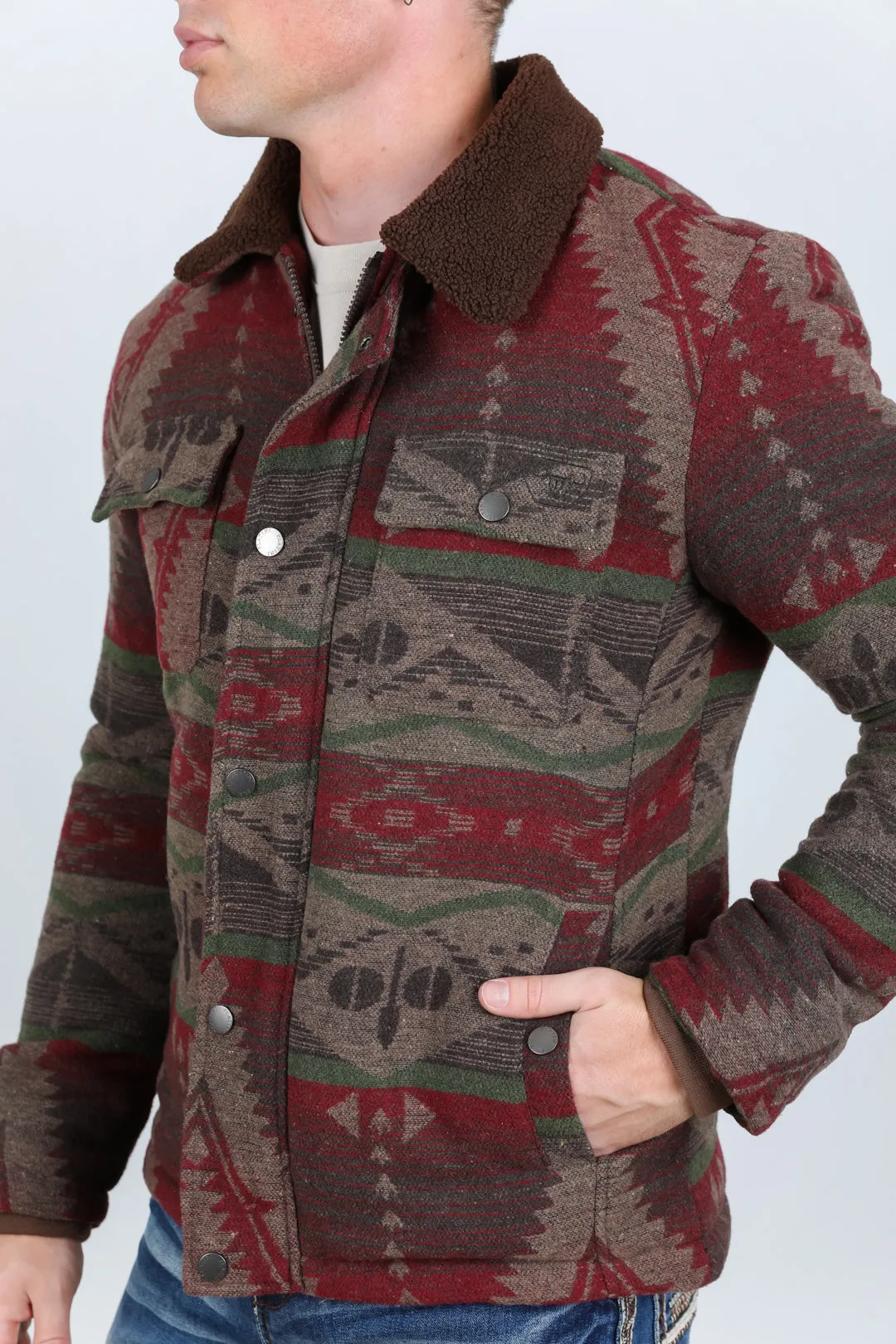 Mens Ethnic Aztec Quilted Fur Lined Jacket - Burgundy