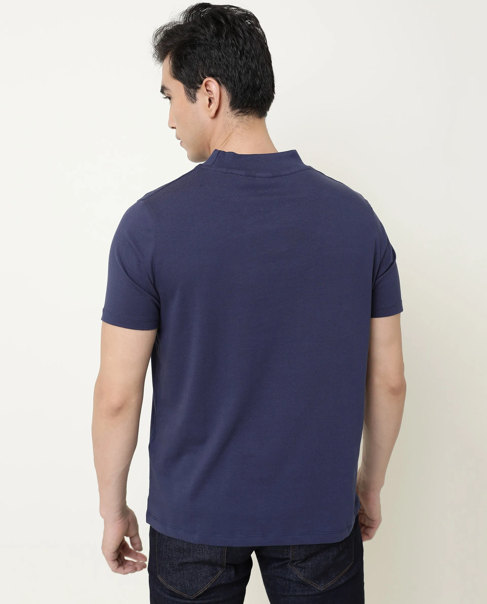 Rare Rabbit Bit Primary Navy Solid Crew Neck Half Sleeves Slim Fit T-Shirt