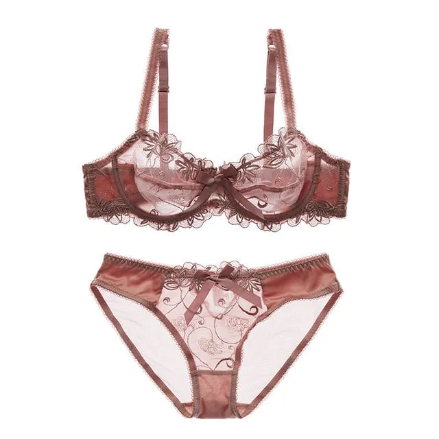 VenusFox Embroidery lace ultrathin bras underwear set plus size C D cup